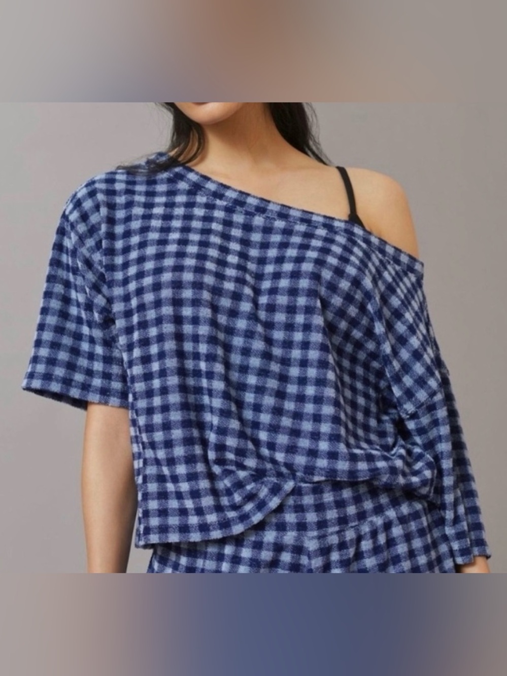 Daily Practice by Anthropologie Blue Gingham Boatneck Short Sleeve - Size M NWT